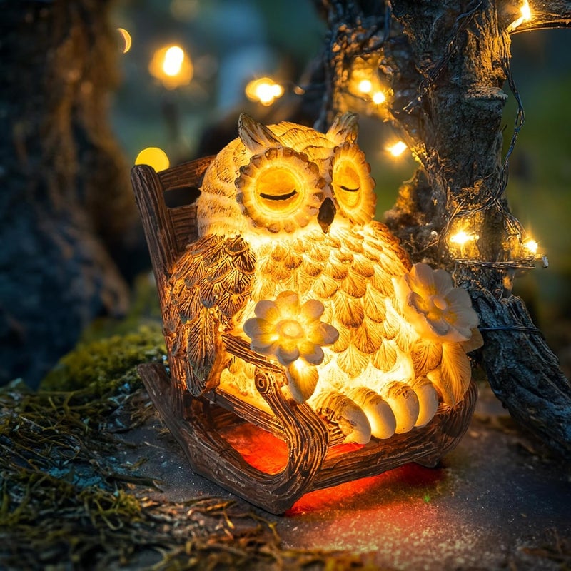 LIULO TOOL Light Up Owl on Chair Garden Sculpture, LED Solar Powered Owl Lying on The Chair, Cute Figurine Crafted Statue for Home Fireplace Outdoor Centerpiece Collection Decoration, 3x3x4 in - Image 2